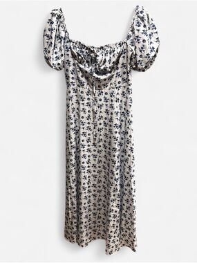 Source Unknown Cream Midi Dress with Navy Floral Print and Puff Sleeves
